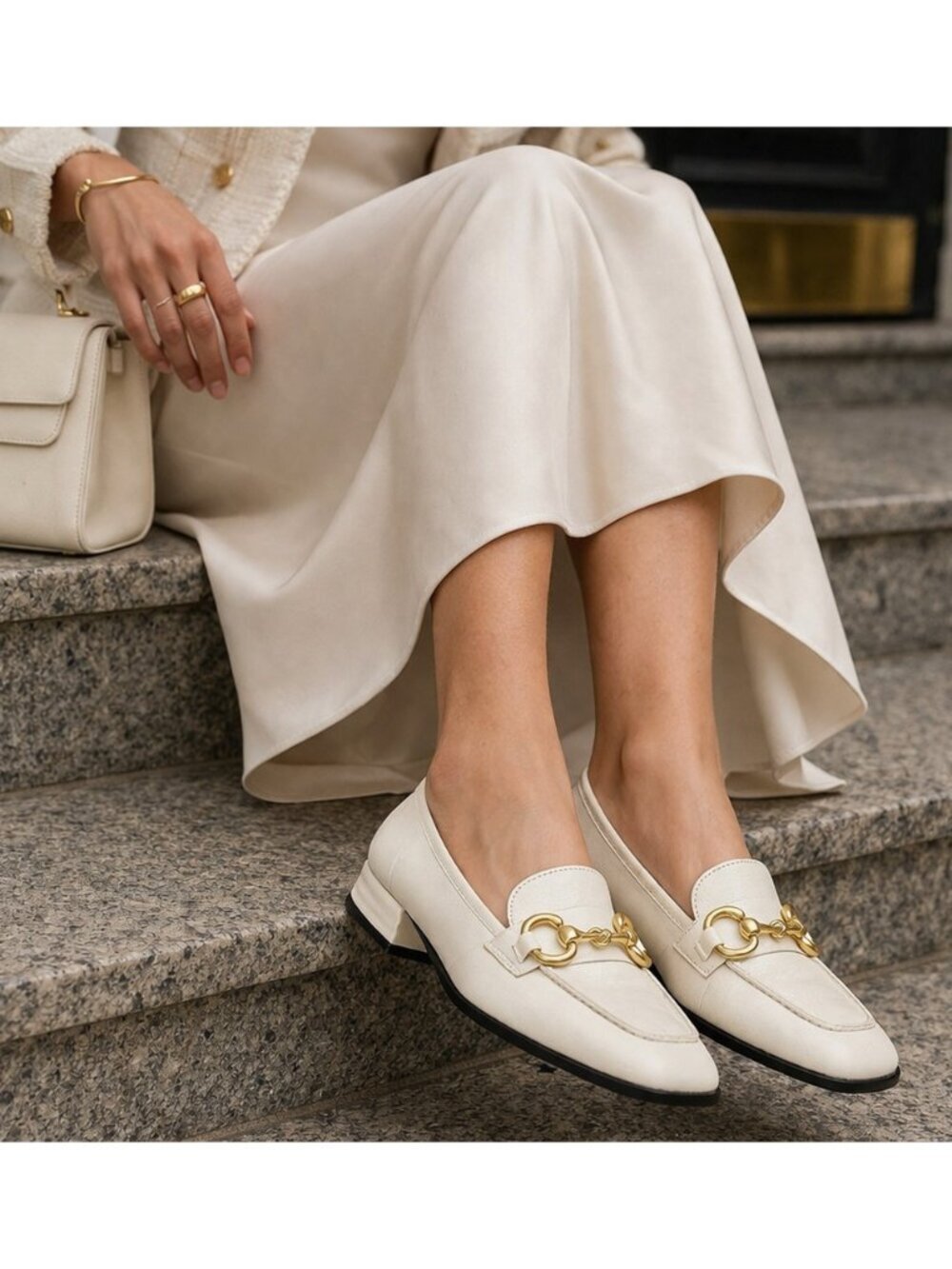 Saint G Cream Leather Horsebit Loafers EU 39 Womens Gold Bit Block Heel Italian